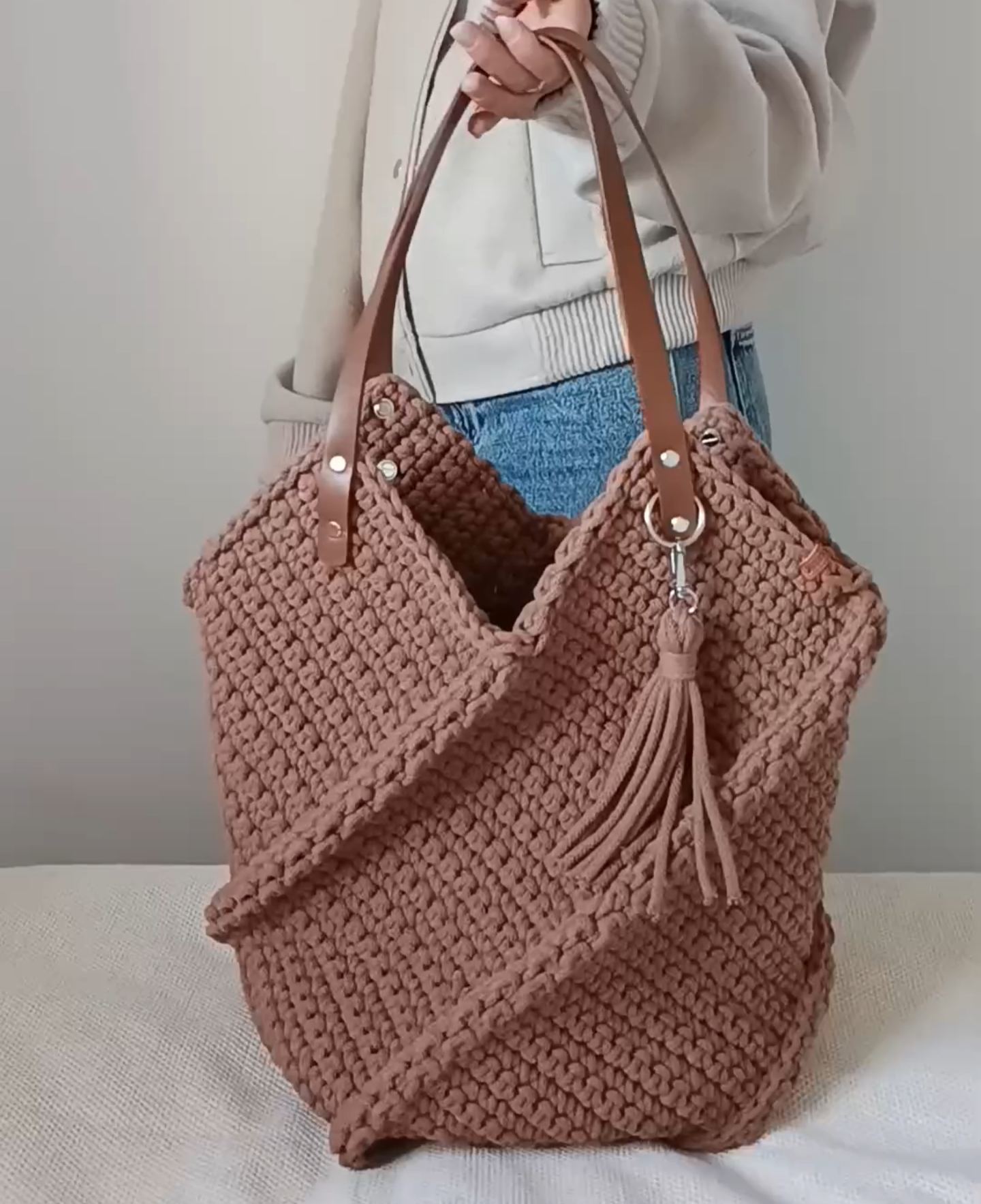 Hand-Knitted Shoulder Tote Bag