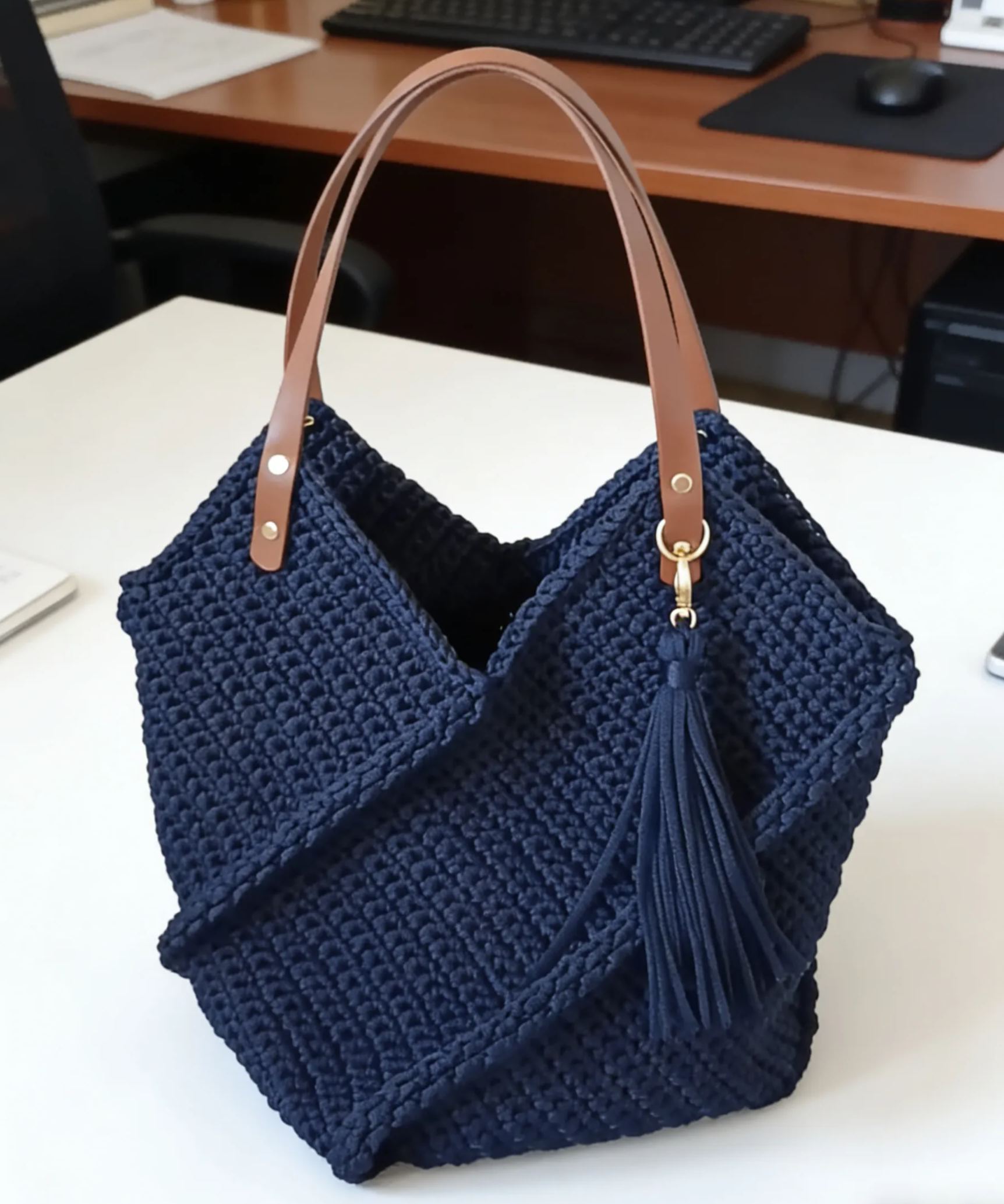 Hand-Knitted Shoulder Tote Bag