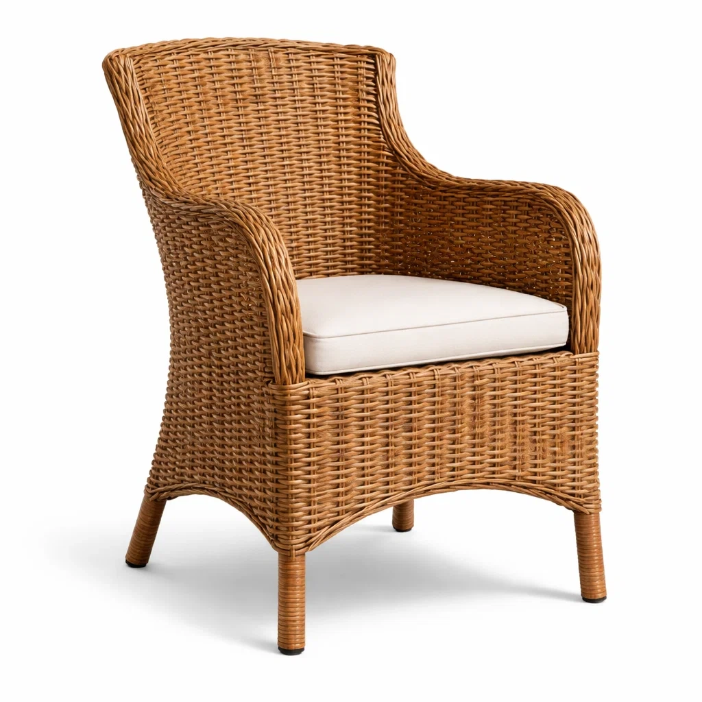 Sillon de Ratan Natural con Cojin Blanco Color Marron Oscuro