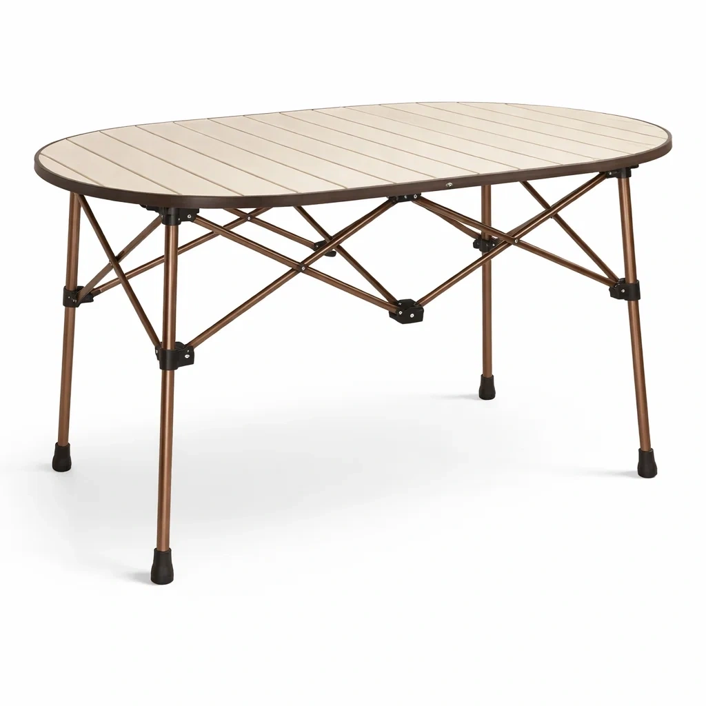 Mesa plegable de camping ovalada color beige con estructura marron-QuartzQuarters.com