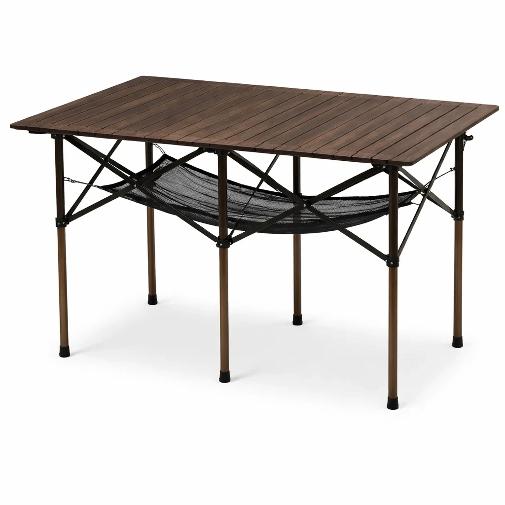 Mesa plegable de camping rectangular color marron oscuro con red inferior-QuartzQuarters.com