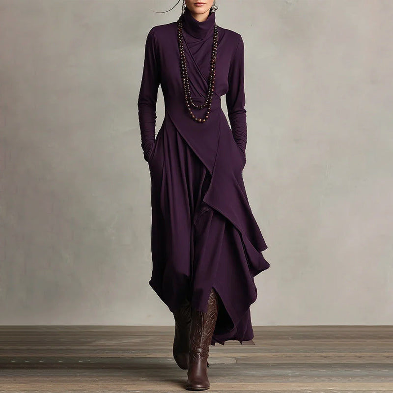 👗 Elegáns női aszimmetrikus maxi ruha magas gallérral - drapézott fazon a kifogástalan bájért!