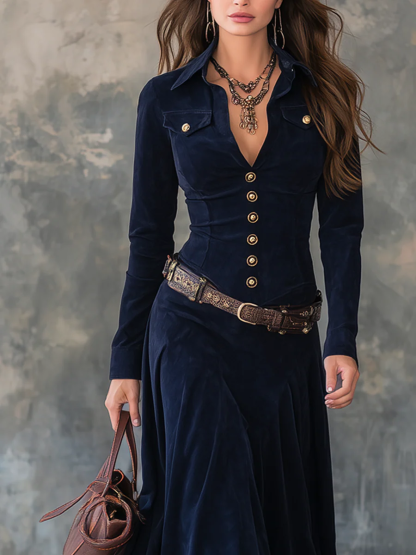 Дълга рокля във винтидж стил с джобове с капаци, изработена от полиестерен велур (включително колан)