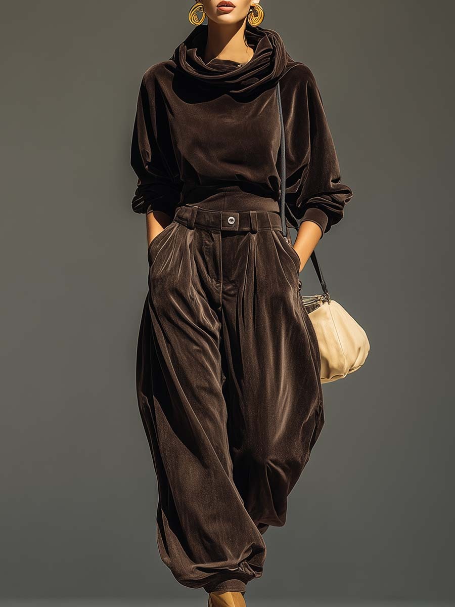Vintage brown velvet hoodie and loose-fitting trousers set（Includes be