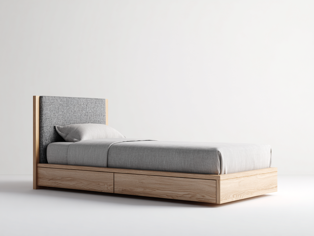 Cama individual de madera y tela 200x100x105 cm - madera natural y gris claro - diseño moderno para dormitorio-Casauphaus