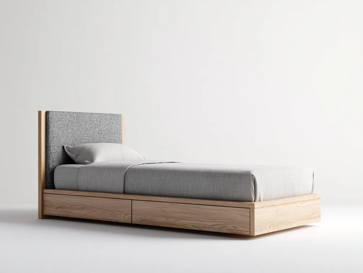 Cama individual de madera y tela 200x100x105 cm - madera natural y gris claro - diseño moderno para dormitorio-Casauphaus