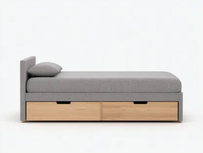 Cama individual tapizada con cajones 200x90x85 cm - Gris claro-Madera natural - Diseño moderno-Casauphaus