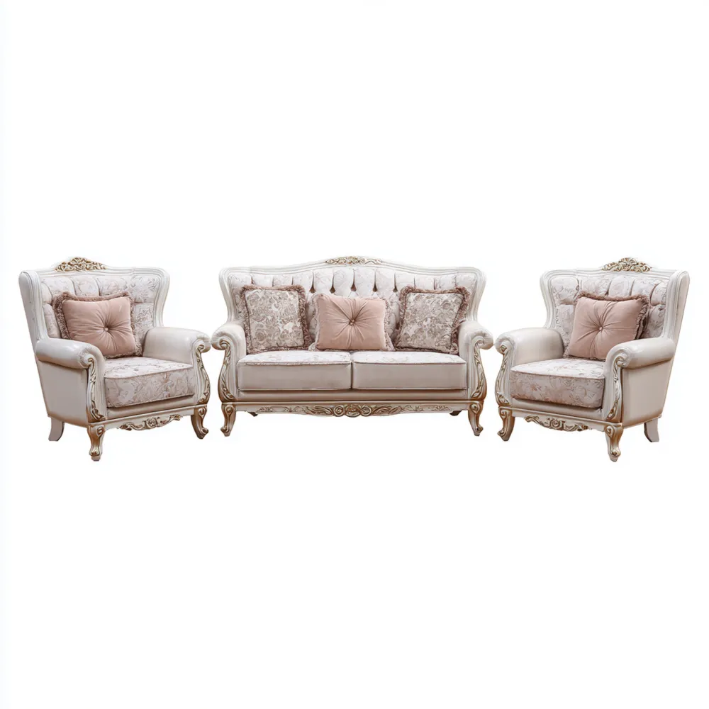 Sofa-Set Samt 3-teilig Barock Stil 200x90x100 cm – Beige/Creme