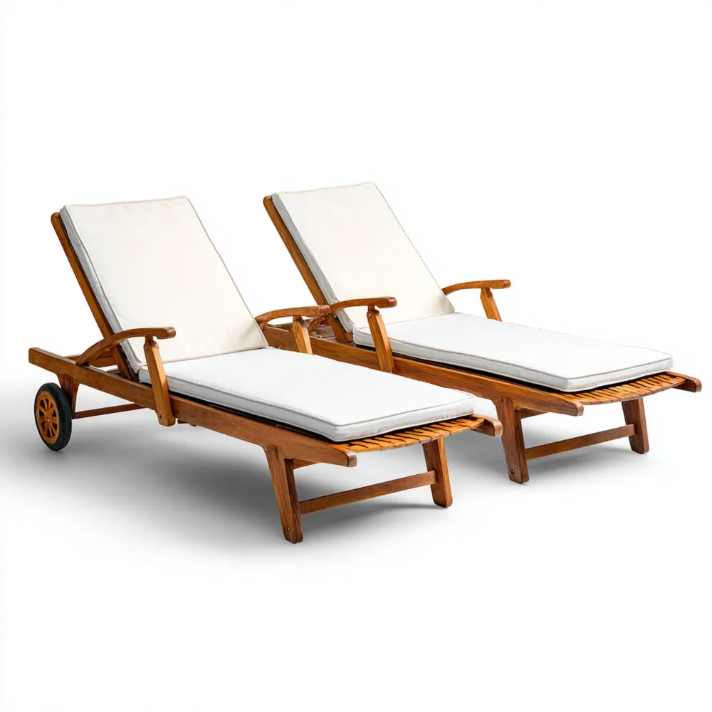 Gartenliege Set Akazienholz 200x65x30 cm - Beige - Verstellbar mit Rollen