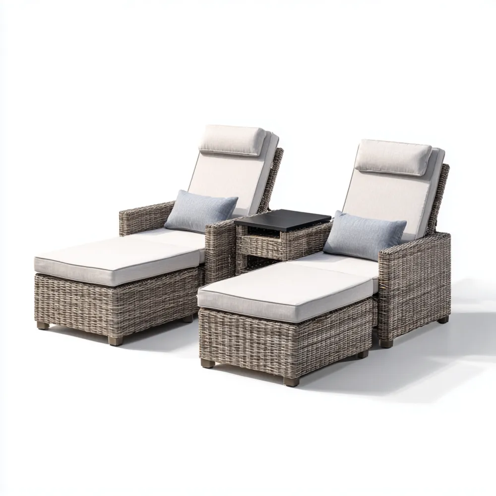 Verstellbares Polyrattan Gartenliege Set 195x65x45 cm mit Tisch - Beige/Grau