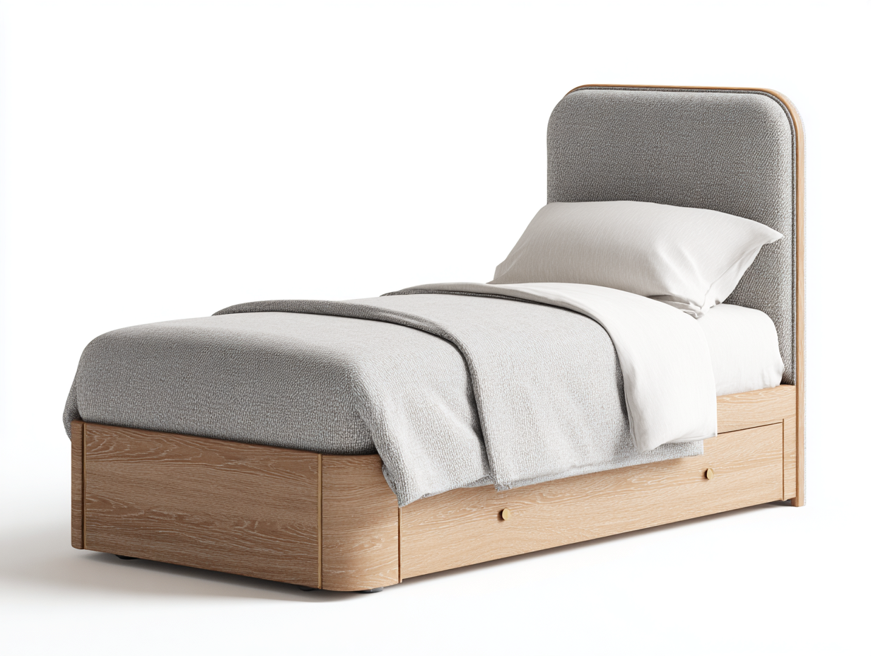 Letto singolo in MDF e tessuto 200x100x95cm - grigio-legno naturale - design moderno per camera da letto-Oakupio