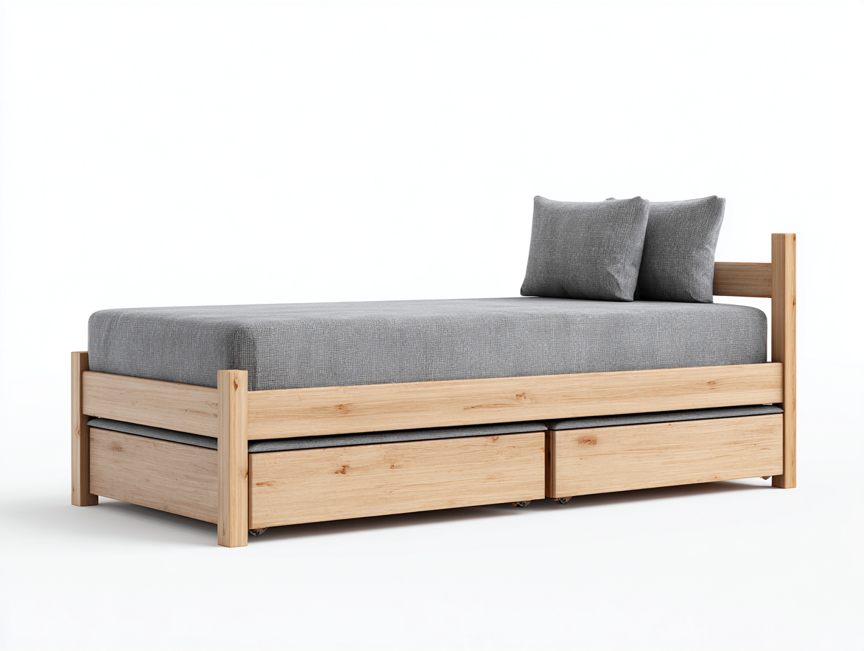 Letto singolo in legno e tessuto con cassetti 205x100x85 cm - grigio-naturale - stile moderno per camera da letto-Oakupio