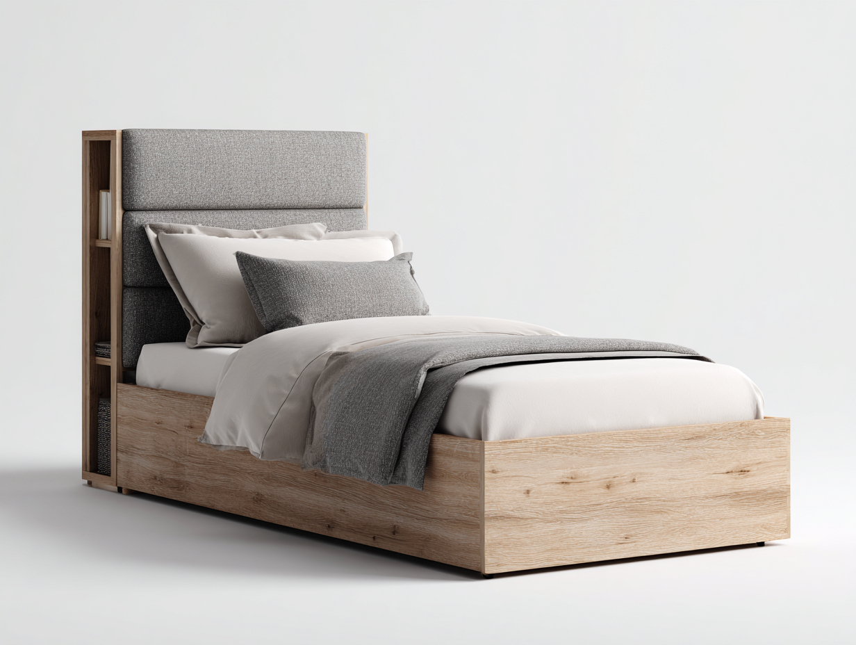 Letto singolo con testiera imbottita e vano laterale in legno 200x90x115 cm - marrone-grigio - design moderno - per camera da letto-Oakupio