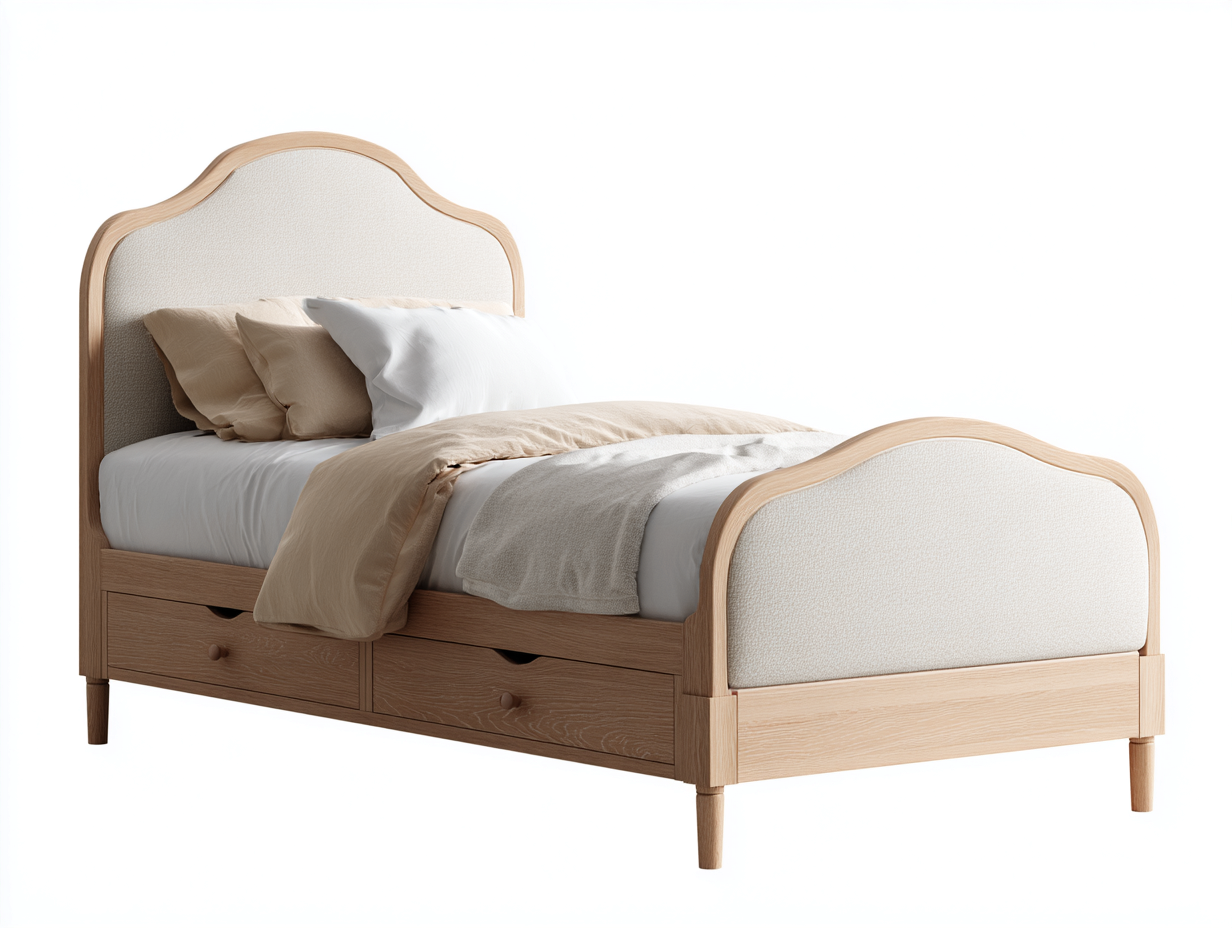 Letto singolo in MDF e tessuto 200x100x115cm - beige-legno naturale - design classico per camera da letto-Oakupio