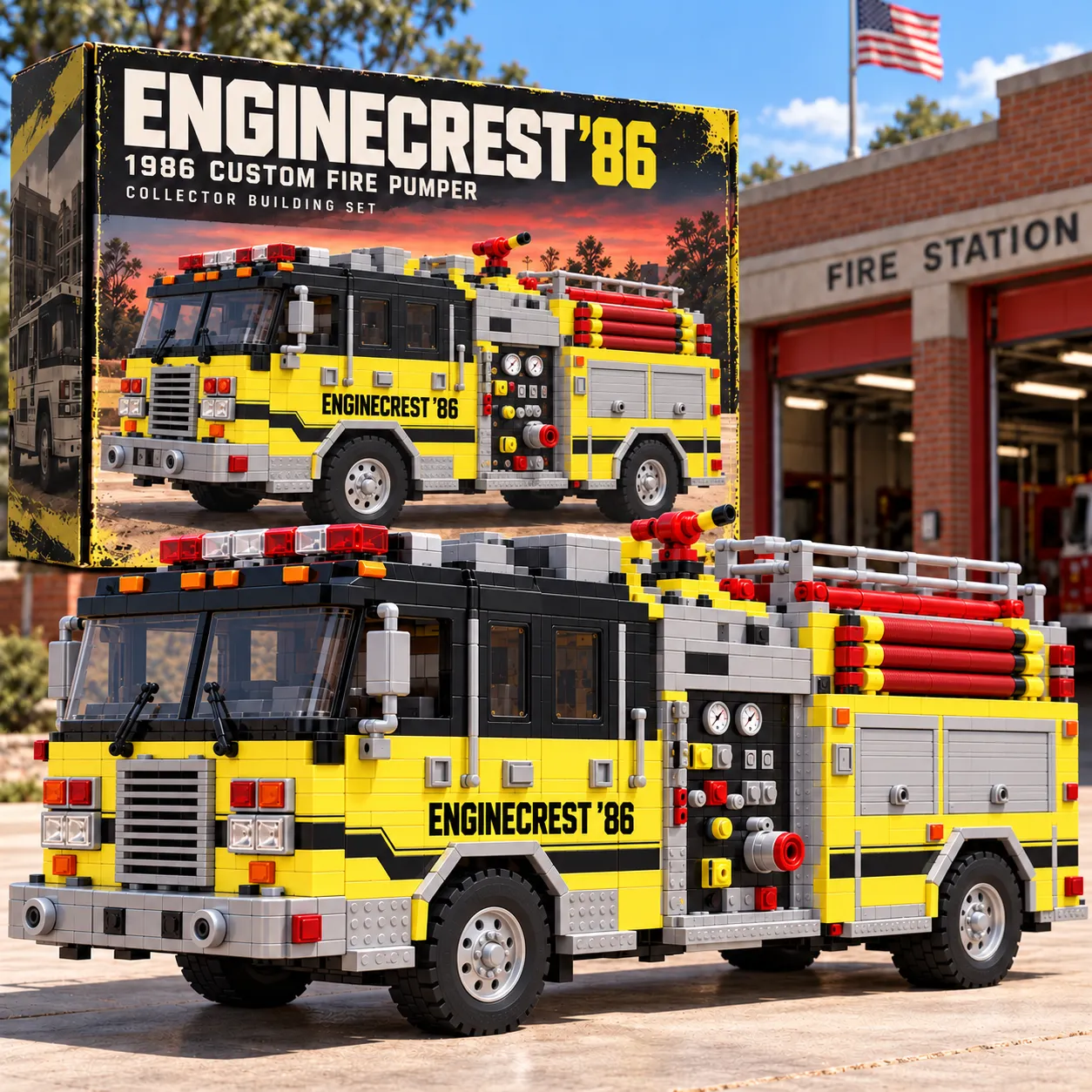 ENGINECREST '86 yellow-and-black brick-built fire pumper with cabover grille, side controls, red hose storage, and top-mounted monitor outside a fire station.