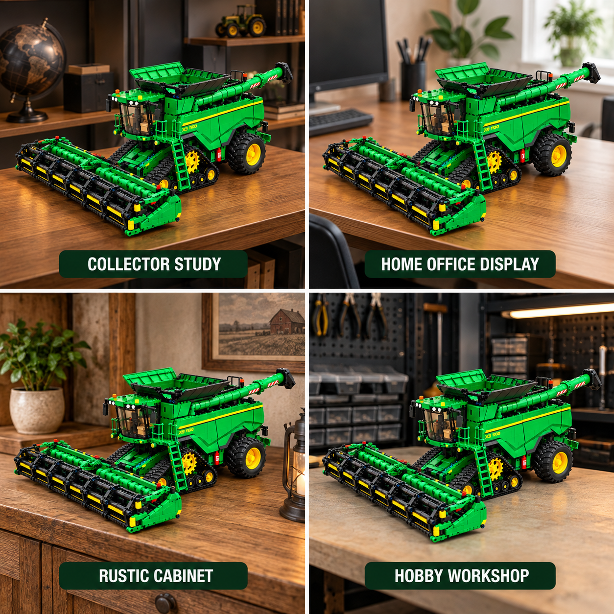 X9 combine harvester collector model displayed in different spaces