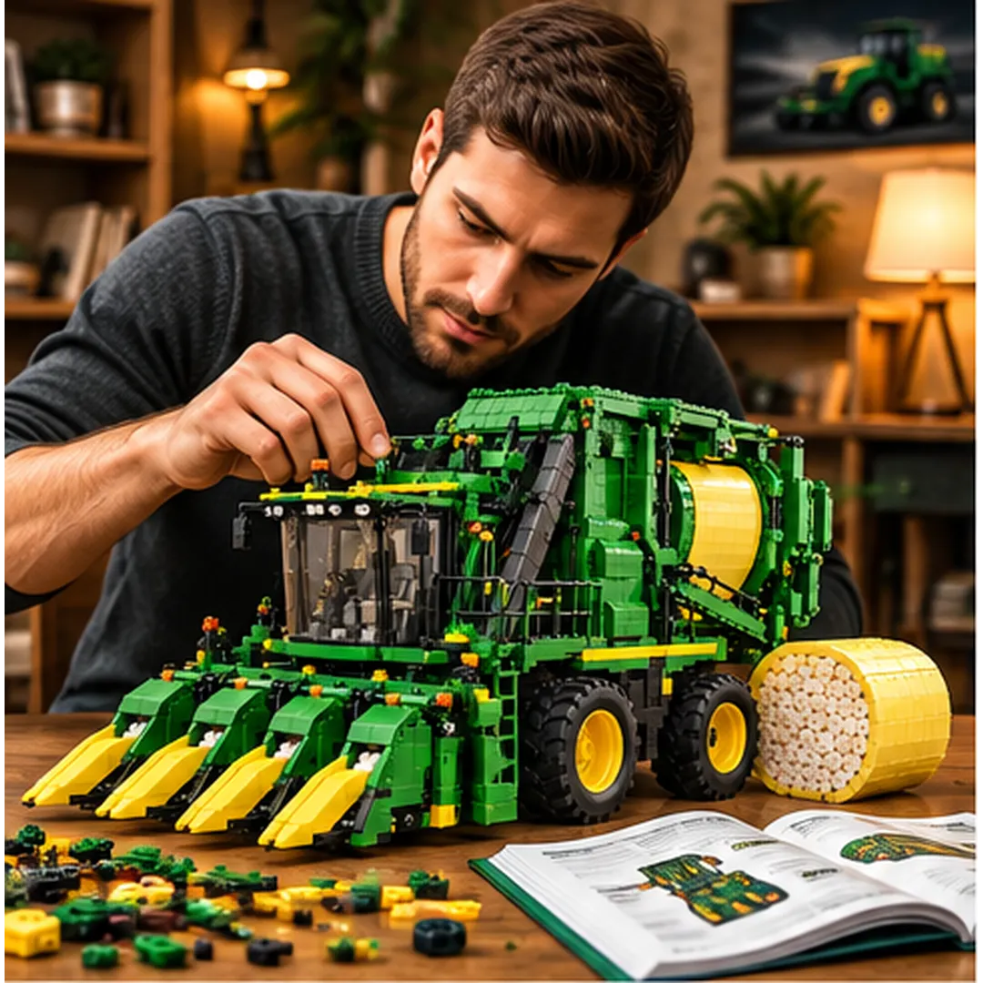 Adult model enthusiast assembling a green-and-yellow cotton picker building set on a wooden table with small bricks and an illustrated building booklet