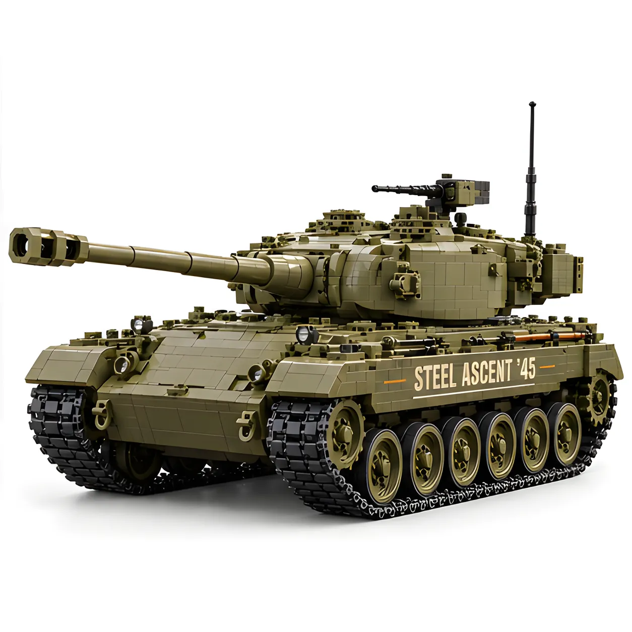 Completed olive-green tank brick build with squared muzzle brake, roof-mounted gun, tall antenna, and linked tracks on a clean white background.