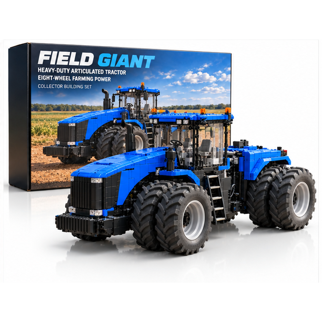 Complete blue articulated tractor brick model displayed beside its collector packaging on a white background