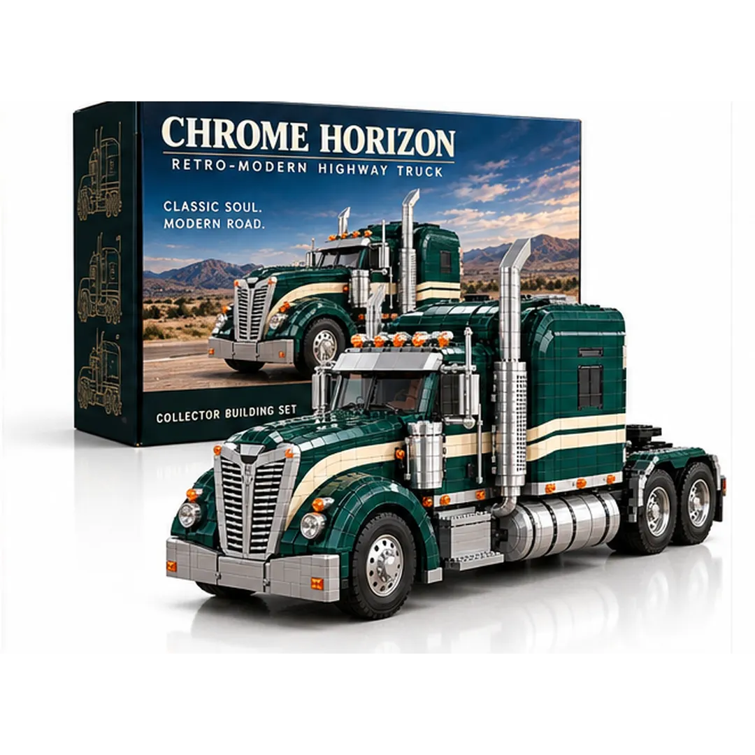 Complete green and cream long-hood semi-truck building model displayed beside its collector packaging on white