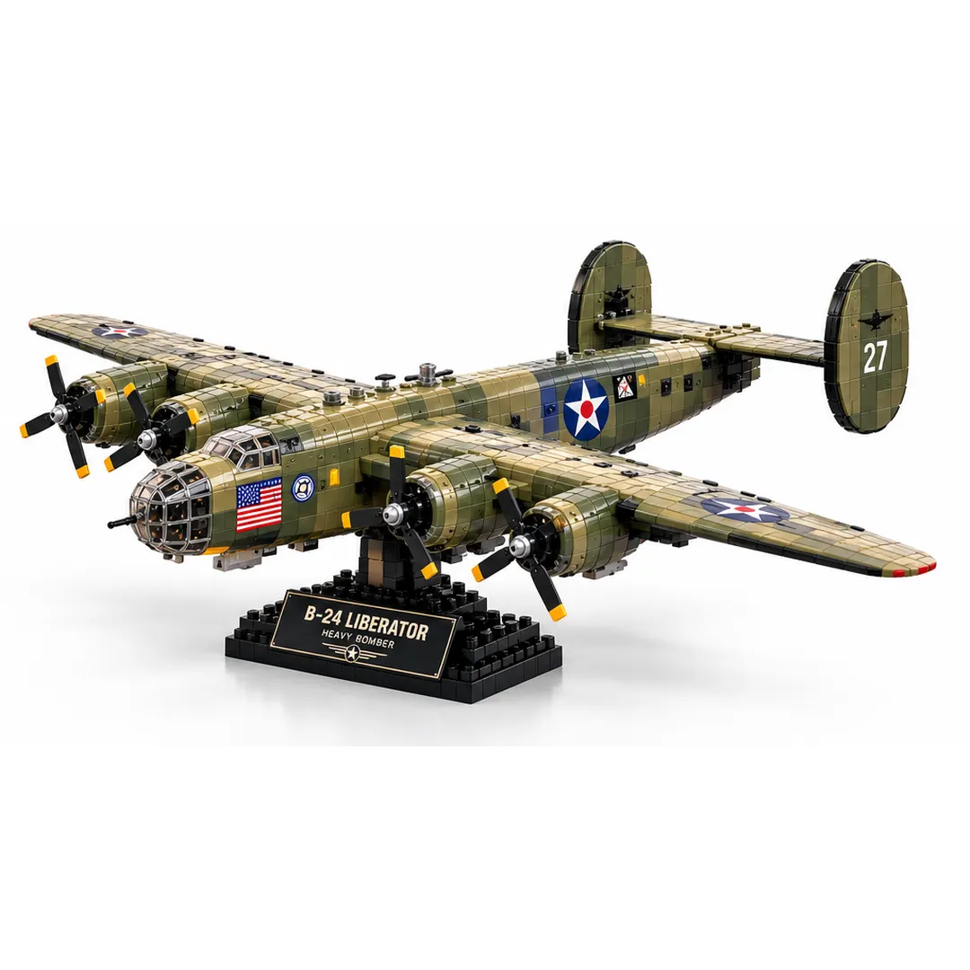 Adult hobbyist working on the B-24 Liberator brick-built bomber at a desk with building pieces and instructions