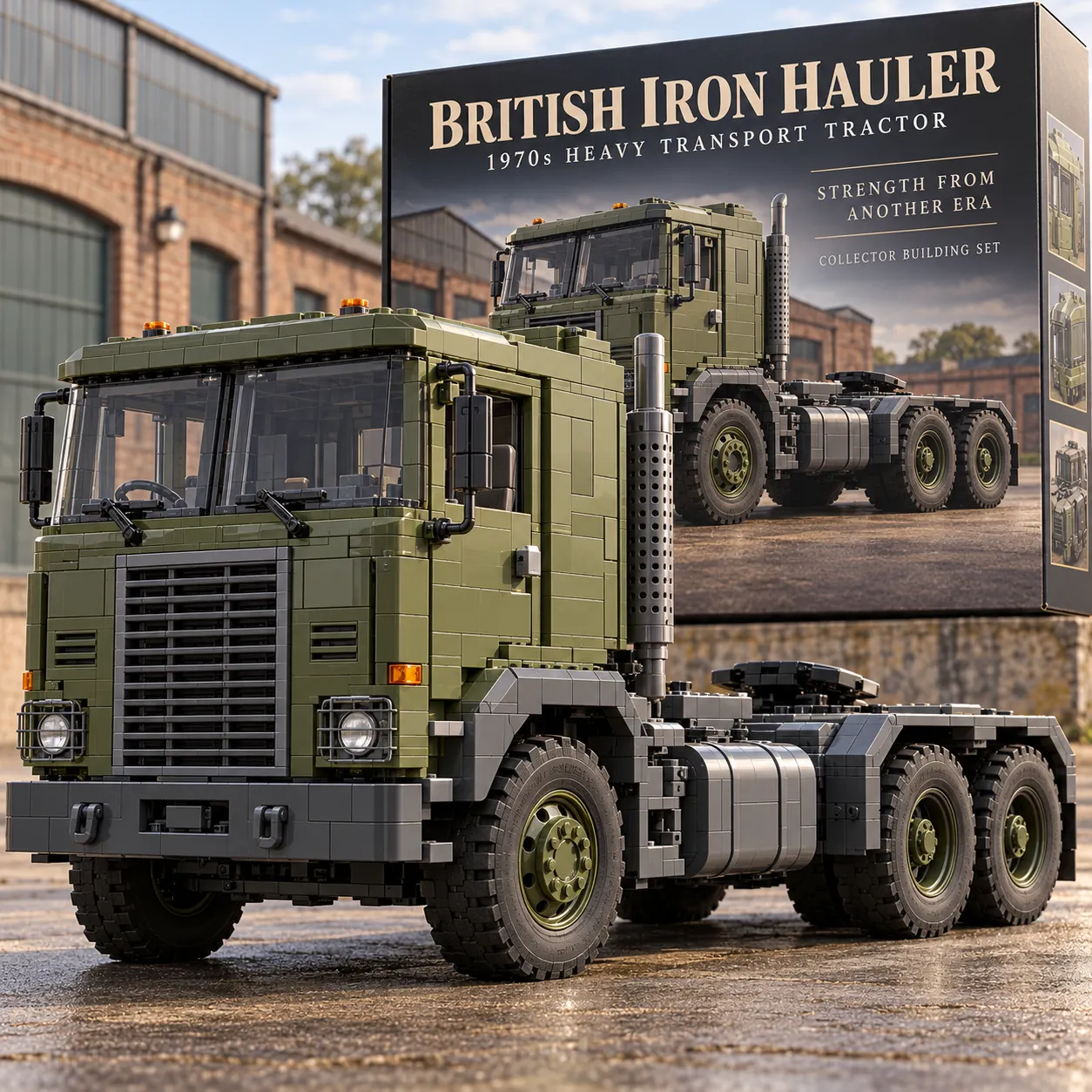 British Iron Hauler olive-green brick-built heavy transport tractor displayed in front of its collector set box