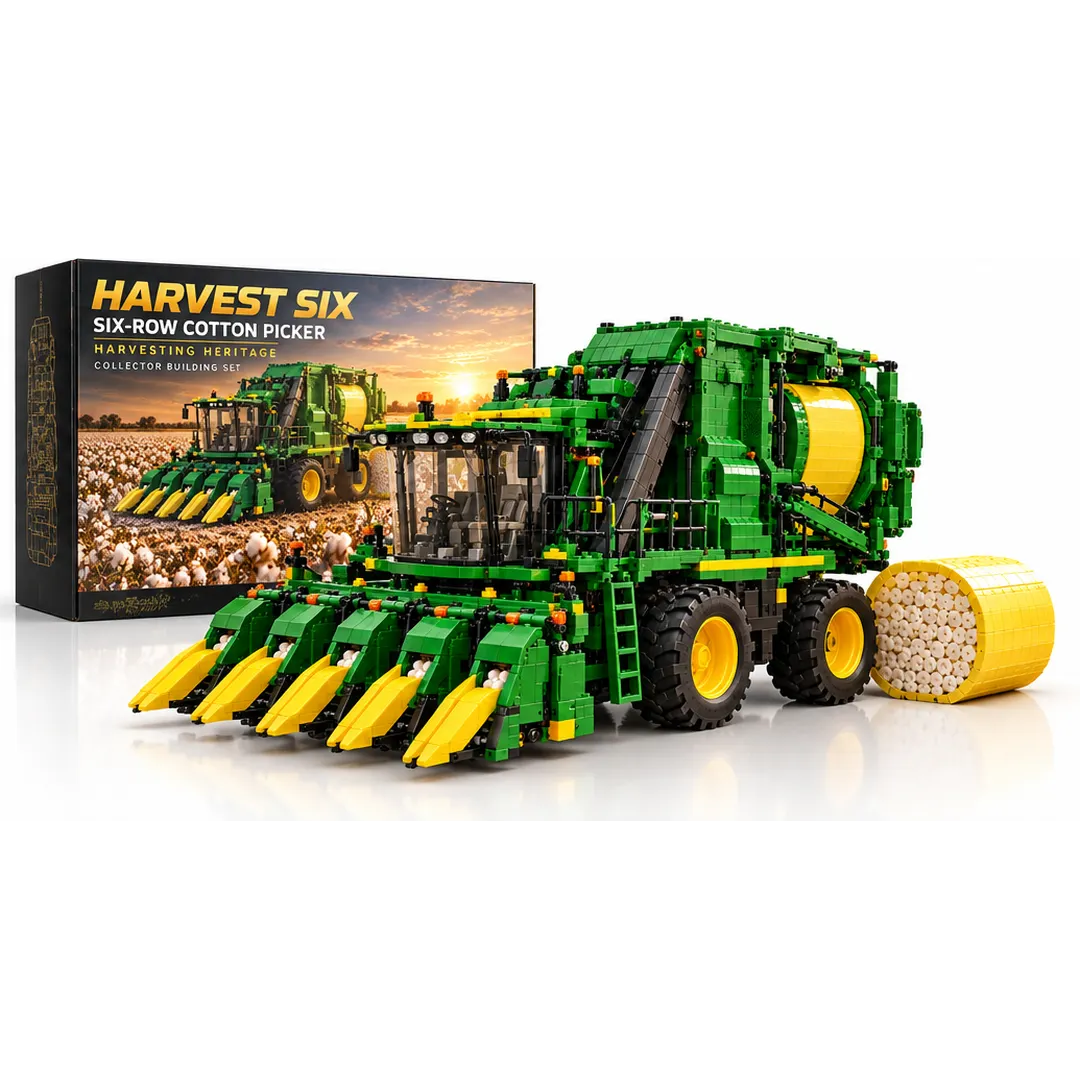 Harvest Six six-row-themed green cotton harvester brick model, with yellow picker points, panoramic cab, large wheels and yellow round-module housing beside matching box on white background