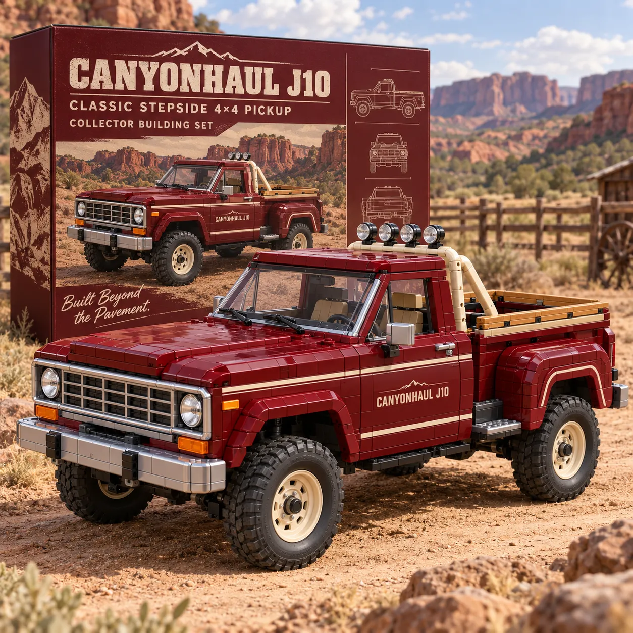 Deep burgundy CANYONHAUL J10 brick-built stepside pickup with four roof lamps, cream roll bar, tan bed rails, and rugged tires in a desert setting.