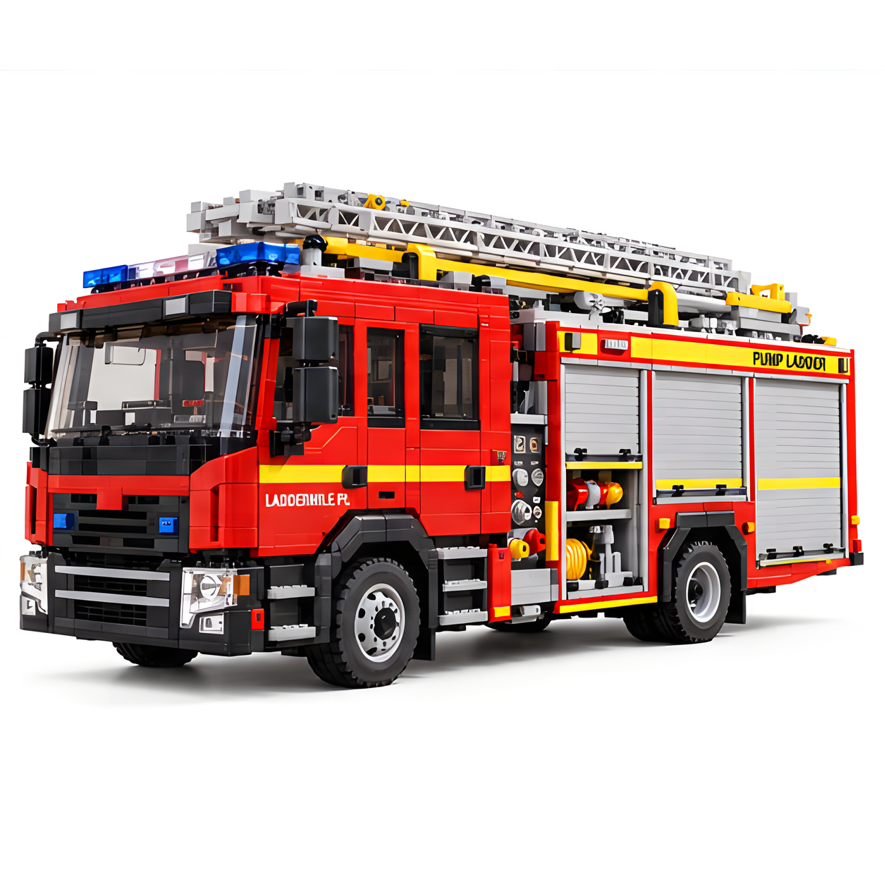 Red-and-yellow British fire engine brick build on a white background, with its stacked gray ladder and open hose bay visible.