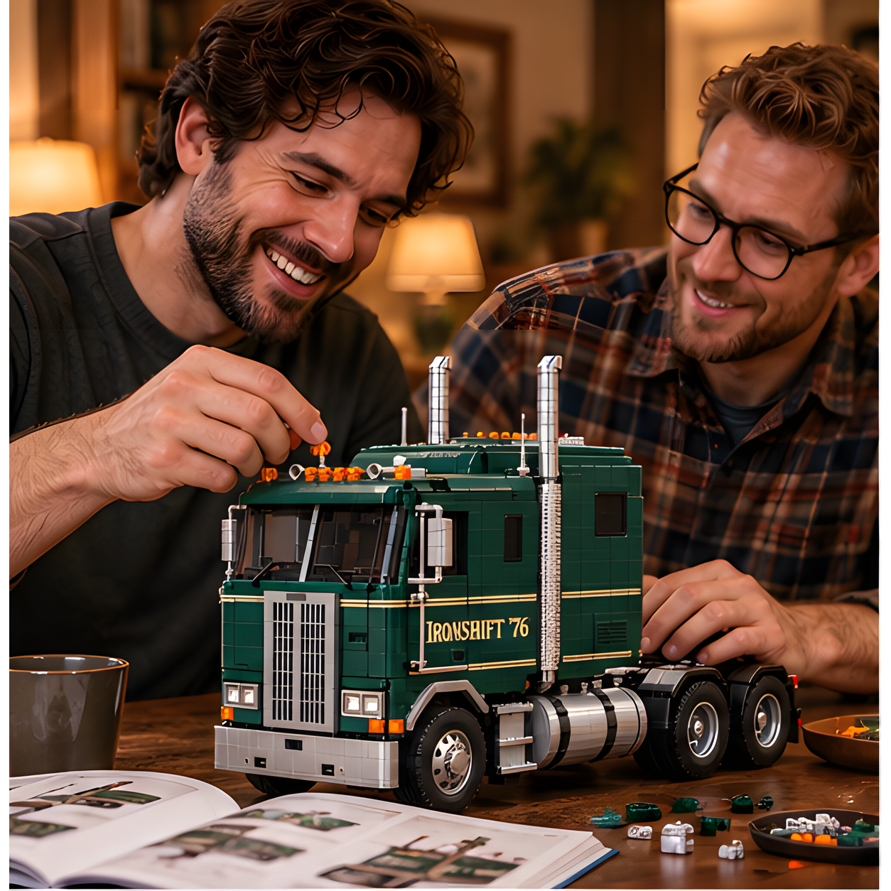 Two adults working on a green cabover truck building set at a table with loose pieces and an open illustrated booklet.