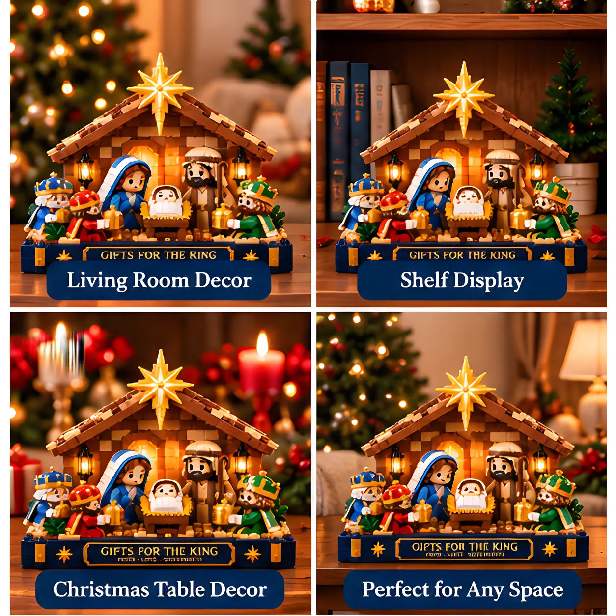 Four Christmas home displays featuring the Nativity brick build on a living room table, bookshelf, festive dining table, and side table.