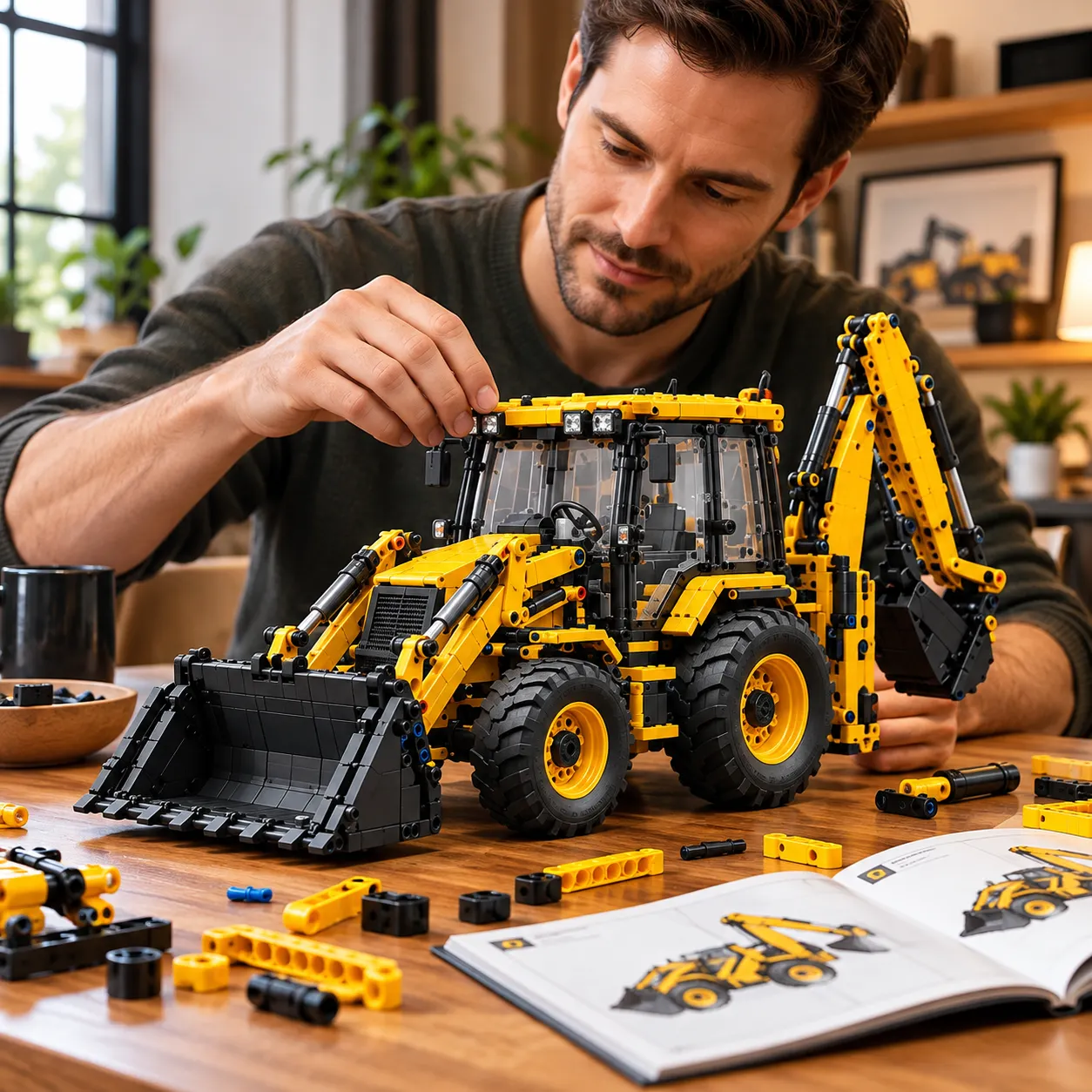 Adult brick enthusiast working by hand on the 3CX Sitemaster backhoe loader at a wooden table with loose parts and instructions