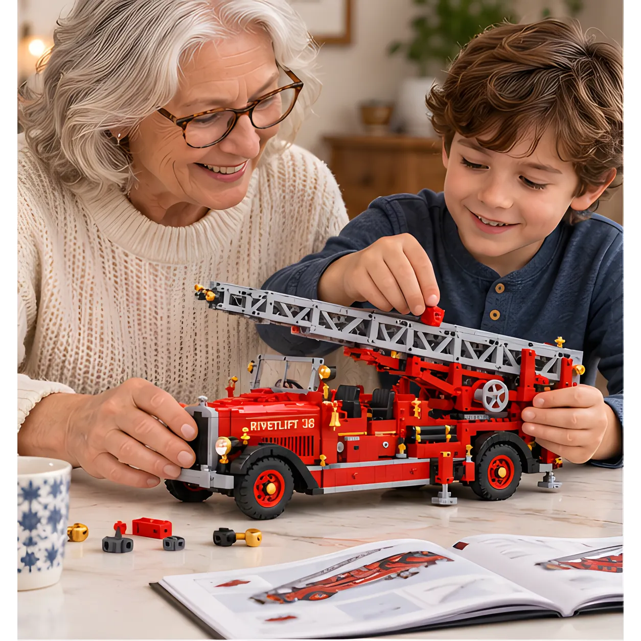 Adult and child building a red brick fire truck together at a table, with the gray aerial structure taking shape