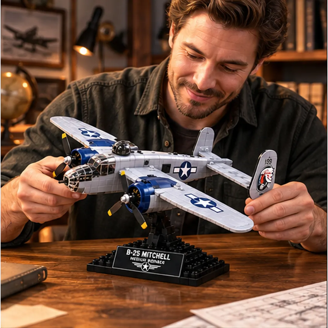 Adult aviation enthusiast handling the B-25 Mitchell brick-built bomber model at a wooden worktable