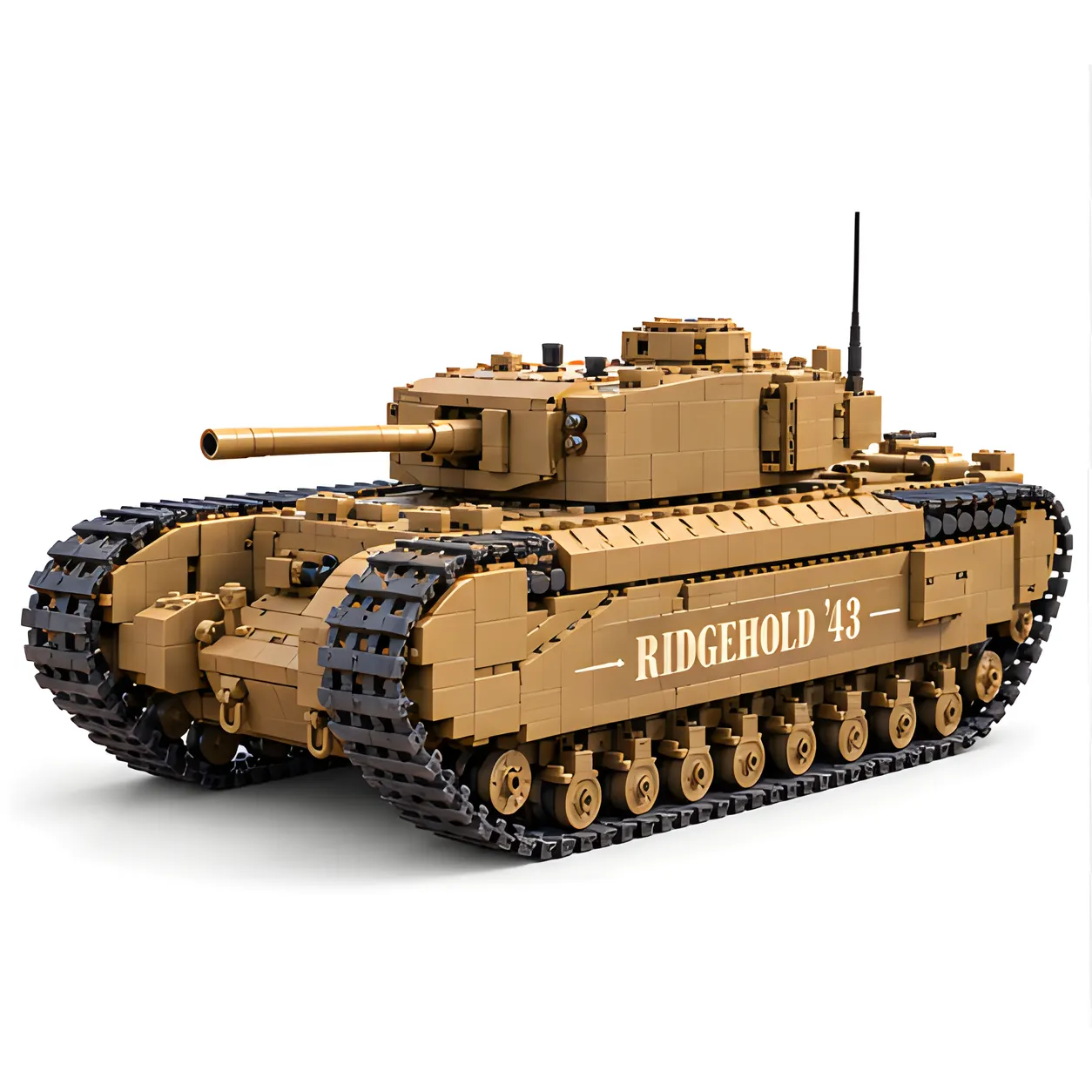 Three-quarter view of tan brick-built tank with projecting barrel, high dark tracks, and small running wheels on a white background