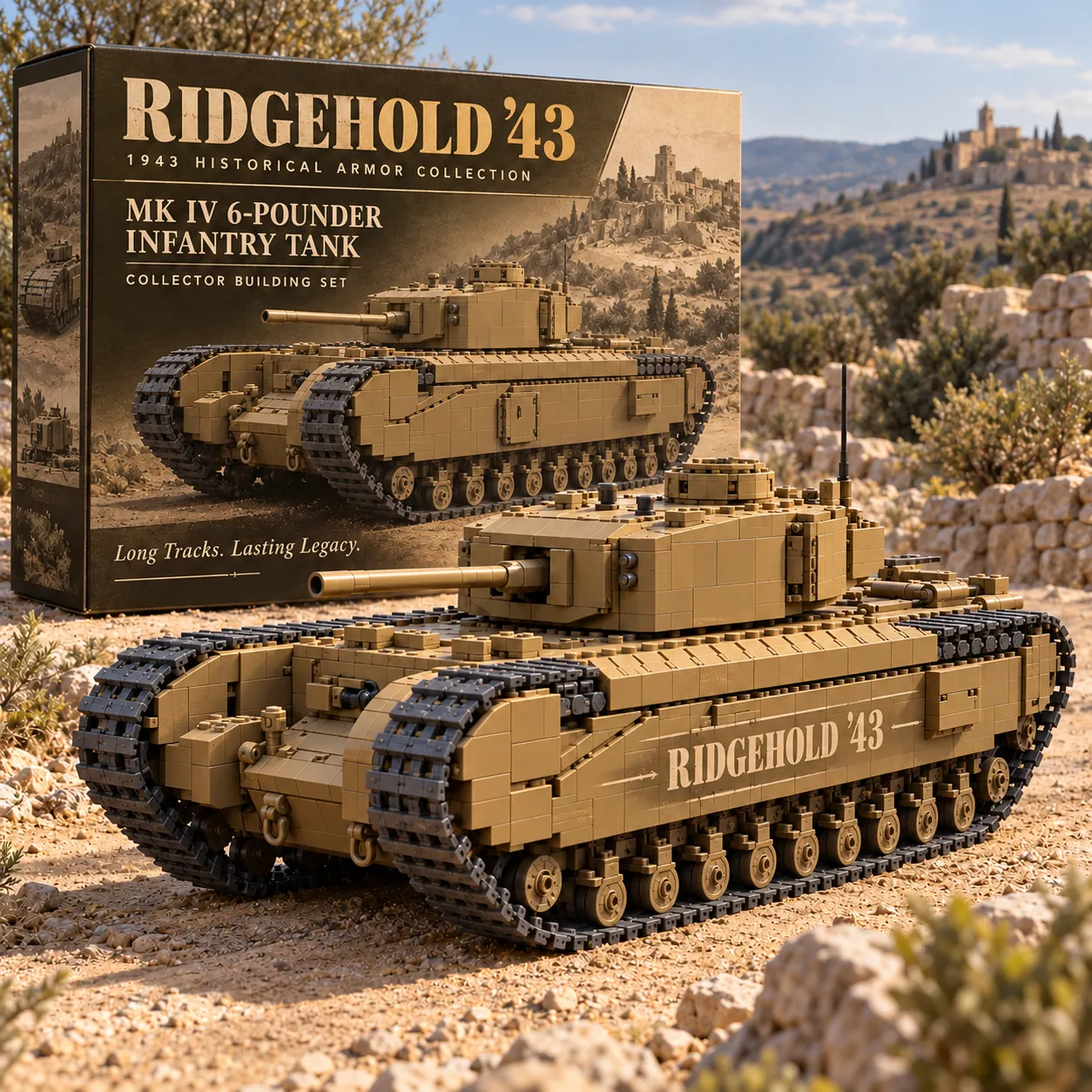 Tan Ridgehold ’43 brick-built infantry tank on rocky ground with an illustrated product box behind it