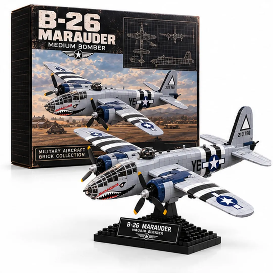 Complete silver-gray B-26 Marauder brick model with shark-mouth nose, black-and-white wing stripes and black display base on white background