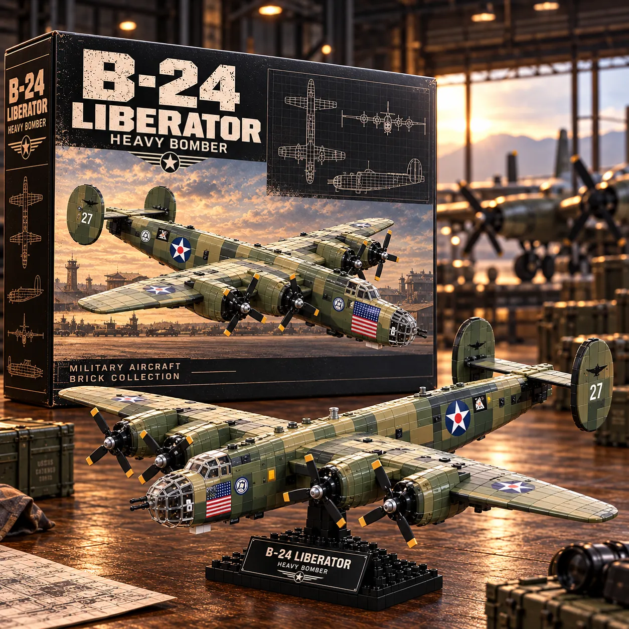 B-24 Liberator brick-built bomber on its black display stand beside vintage-inspired collector packaging
