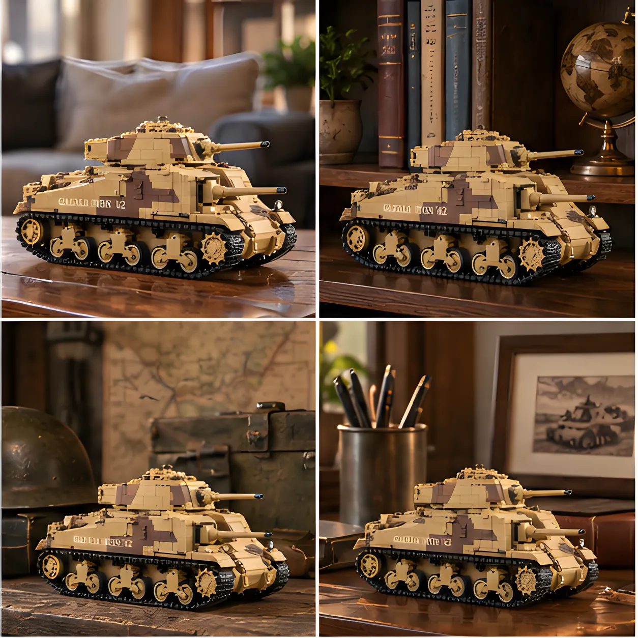 Four home displays of the twin-cannon desert tank build on a living room table, bookshelf, history-themed surface, and home office desk