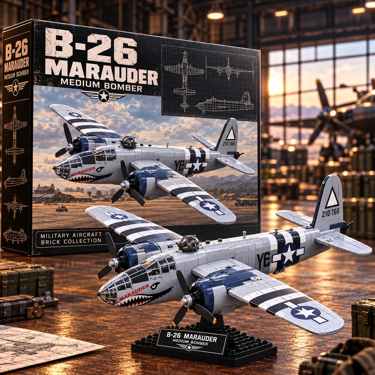 B-26 Marauder silver and blue brick-built bomber on display base beside collector-style box in a vintage aircraft hangar