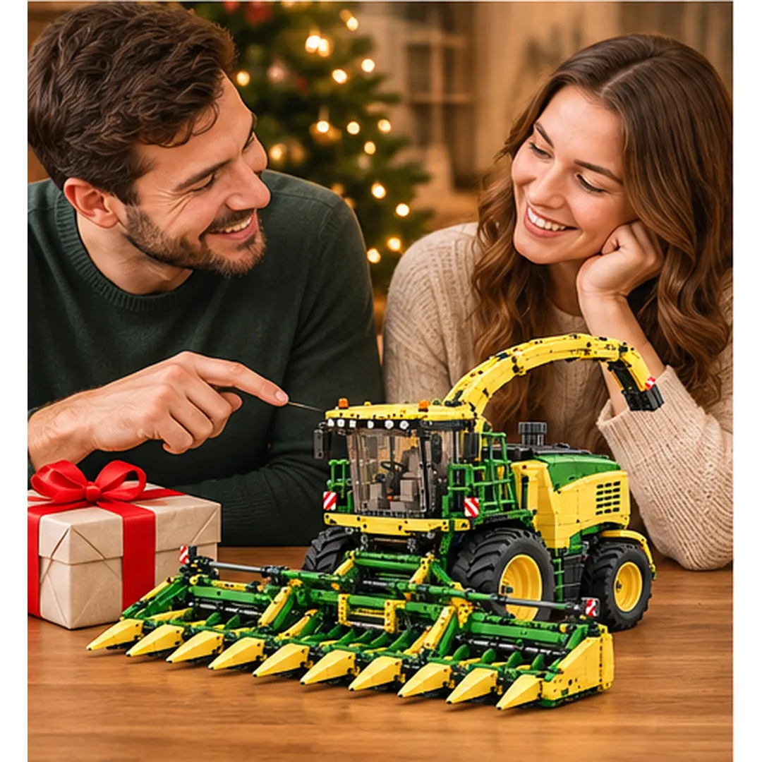 Couple admiring the completed green and yellow forage chopper brick-building model beside a wrapped gift in a warm holiday setting