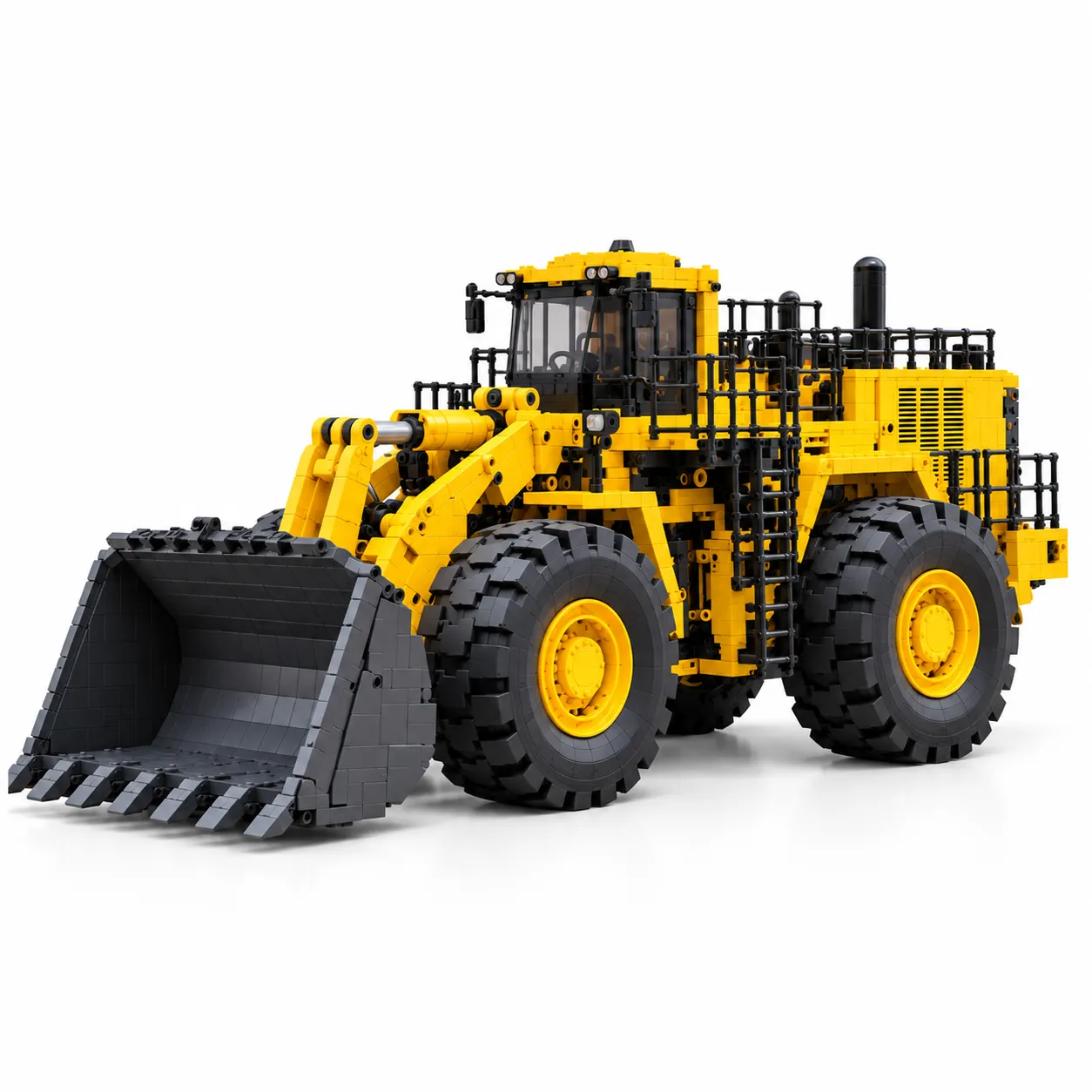 WA1200-6 model details: rock bucket, operator cab, wheels and access platforms