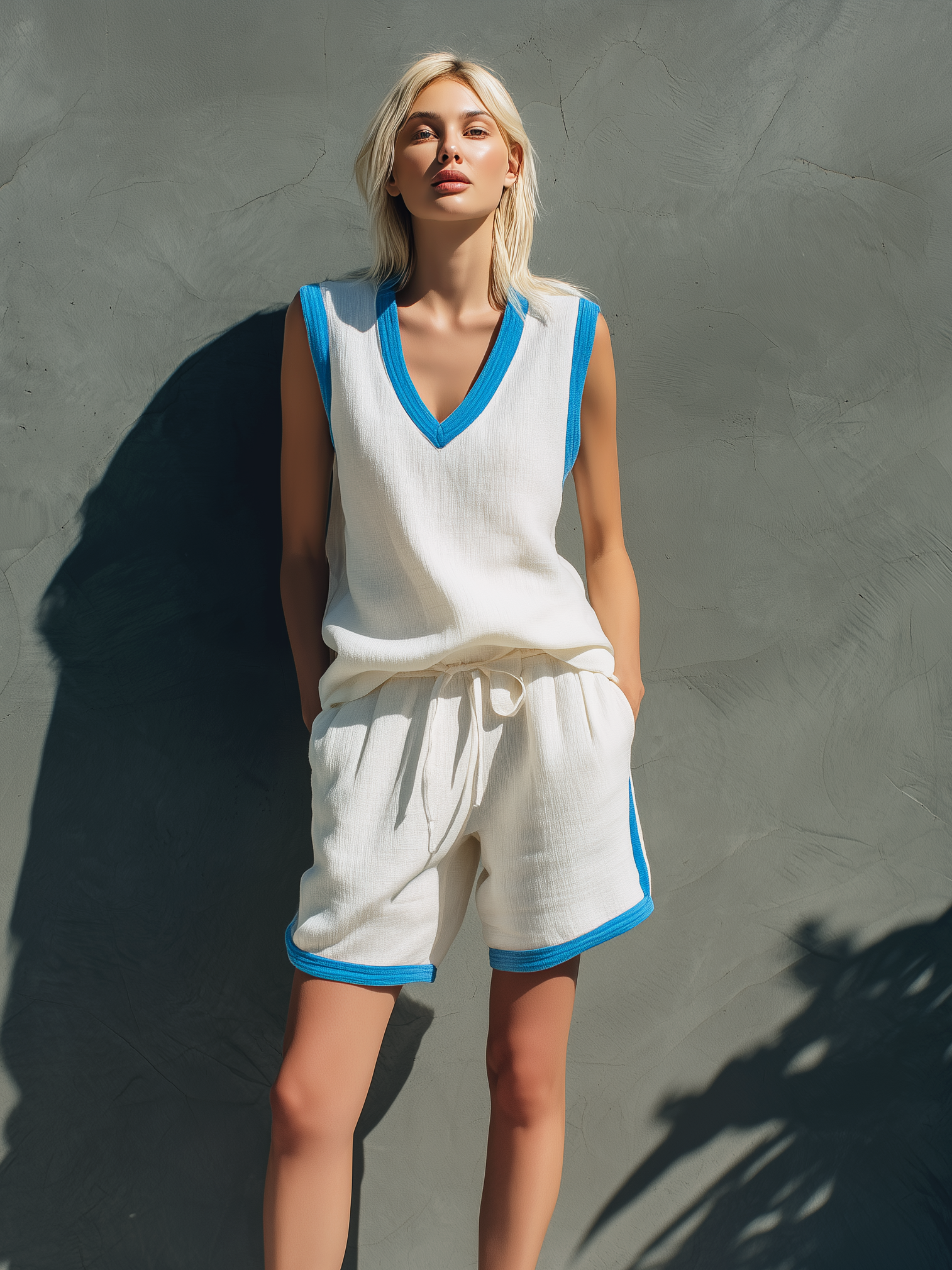 Women's Casual White Cotton-Linen V-Neck Sleeveless Top Paired With White Shorts MDZ2932D2LXY