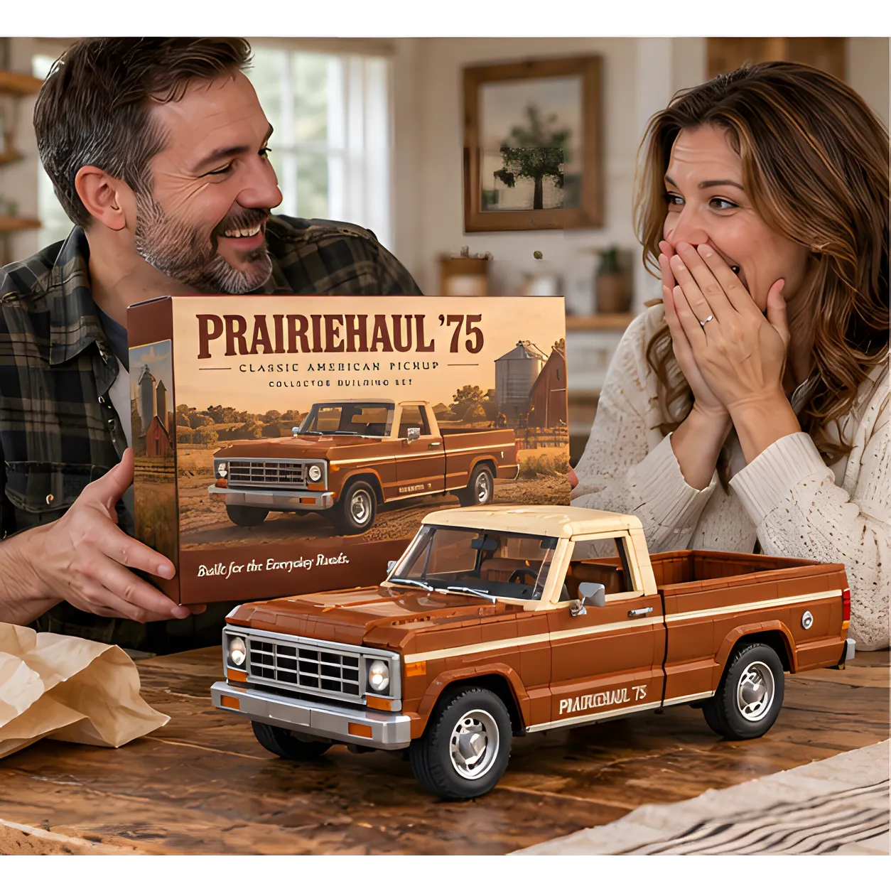 Smiling couple admiring a rust-brown, cream-roof pickup brick build together at a wooden table.