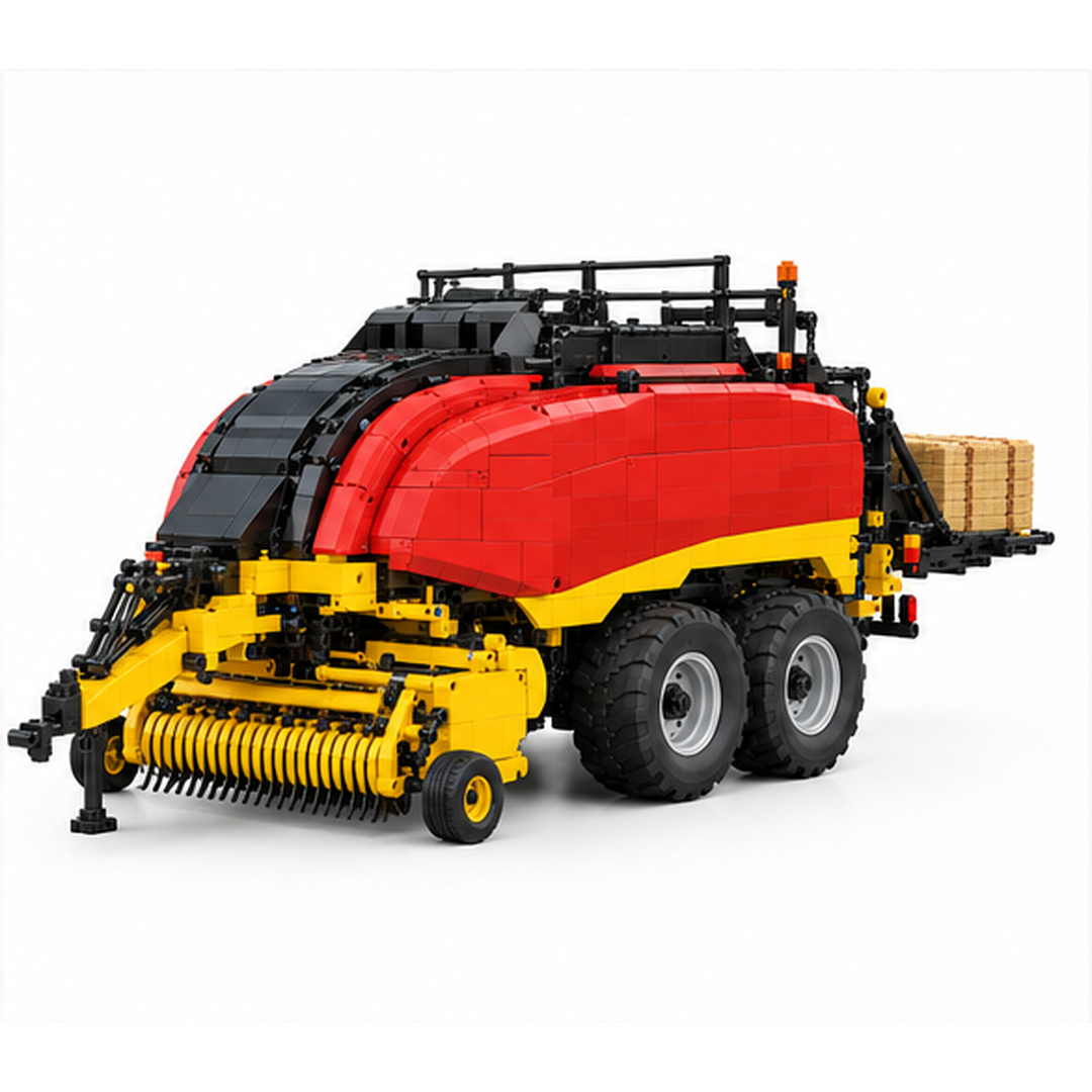 Complete brick-built New Holland BigBaler 340 PLUS square baler with front pickup, red body, tandem wheels and rectangular bale at the rear