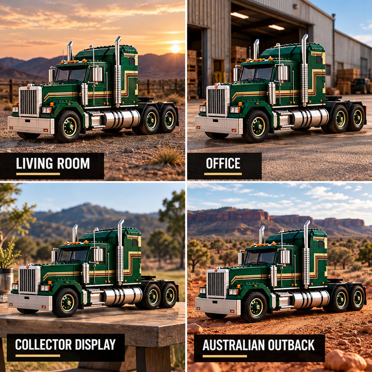 Green and gold classic heavy hauler collector model displayed in different spaces