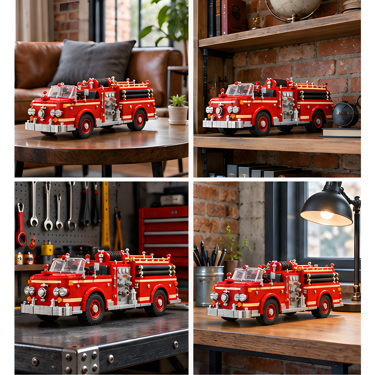Four home settings with a red open-cab brick fire pumper on a side table, bookcase shelf, workshop bench, and wooden desk.