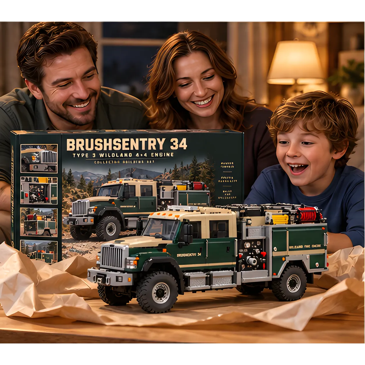 Two adults and a child smiling beside a completed green-and-sand wildland fire engine brick build with a tall grille.
