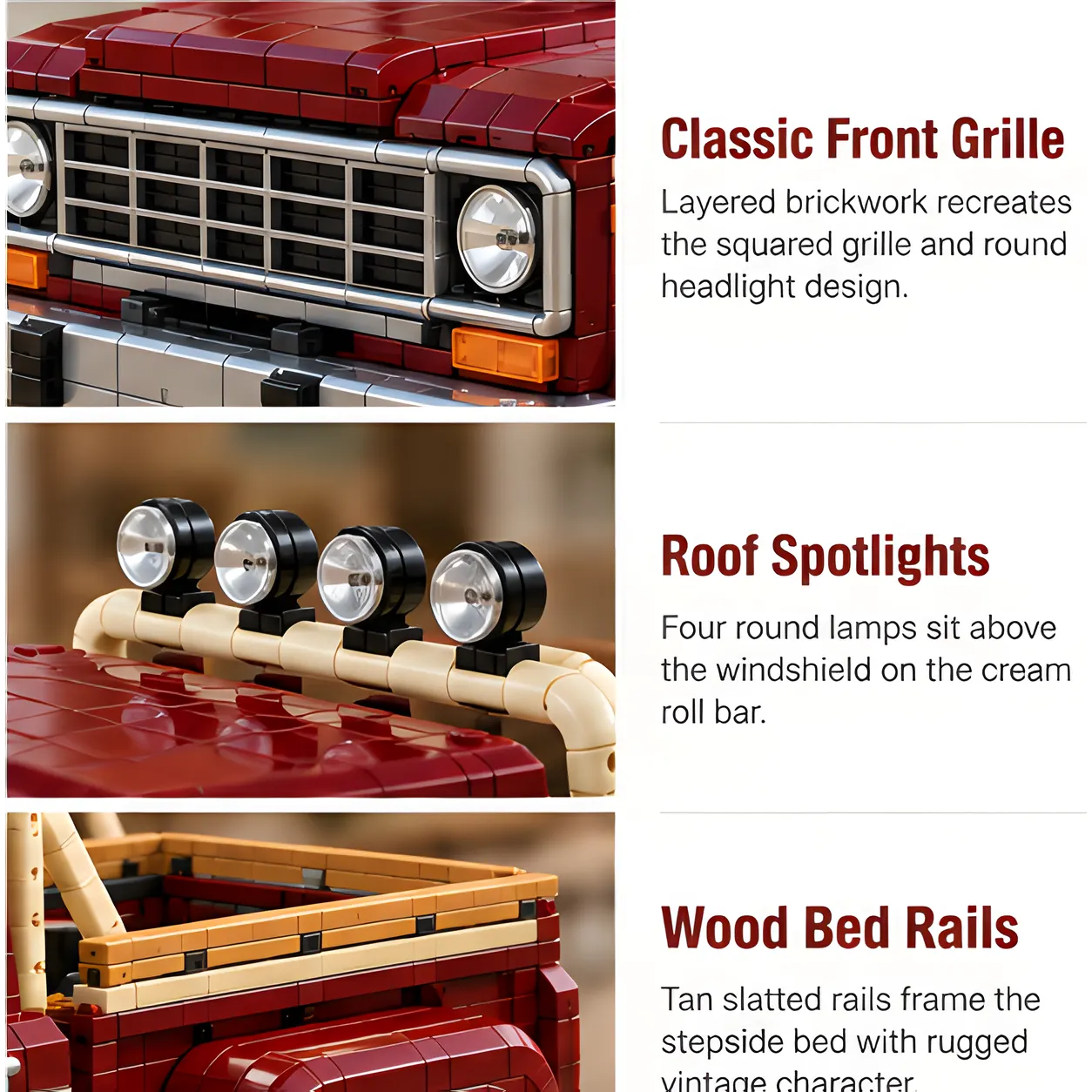Three close-up views of the CANYONHAUL J10 showing the rectangular front grille with round headlights, four circular roof spotlights, and tan slatted cargo-bed rails.