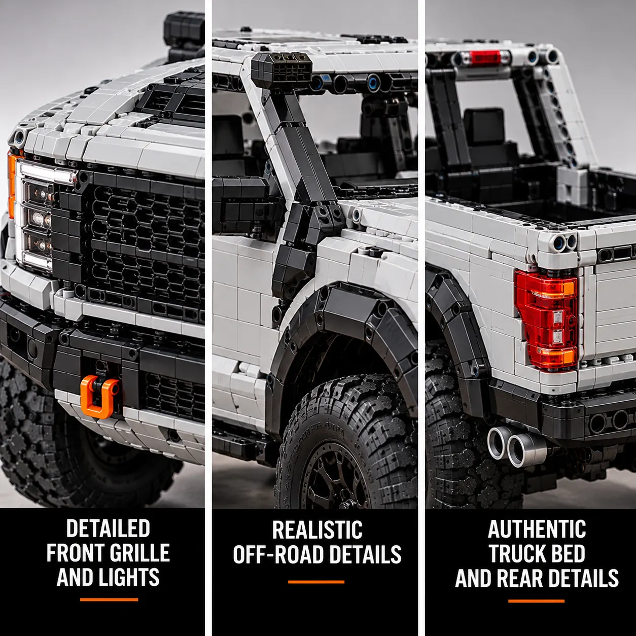 Close-up of the off-road pickup front grille, engine-inspired details, and four-door cab interior